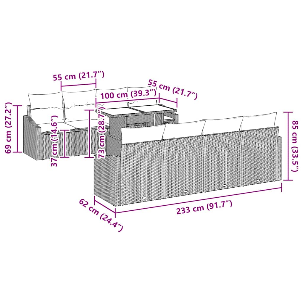 Gartensofa-set mit Kissen 7 pcs Grau Poly-Rattan