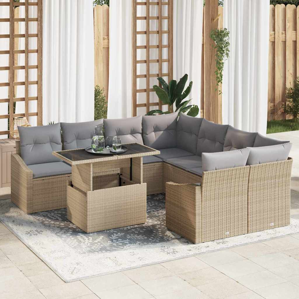Gartensofa-set mit Kissen 9 pcs Beige und Hellgrau Poly-Rattan