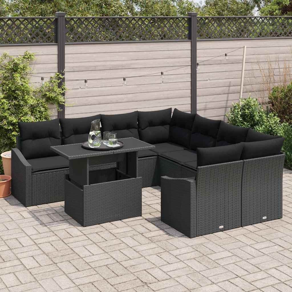vidaXL Salon de jardin avec coussins 9 pcs Résine tressée noir