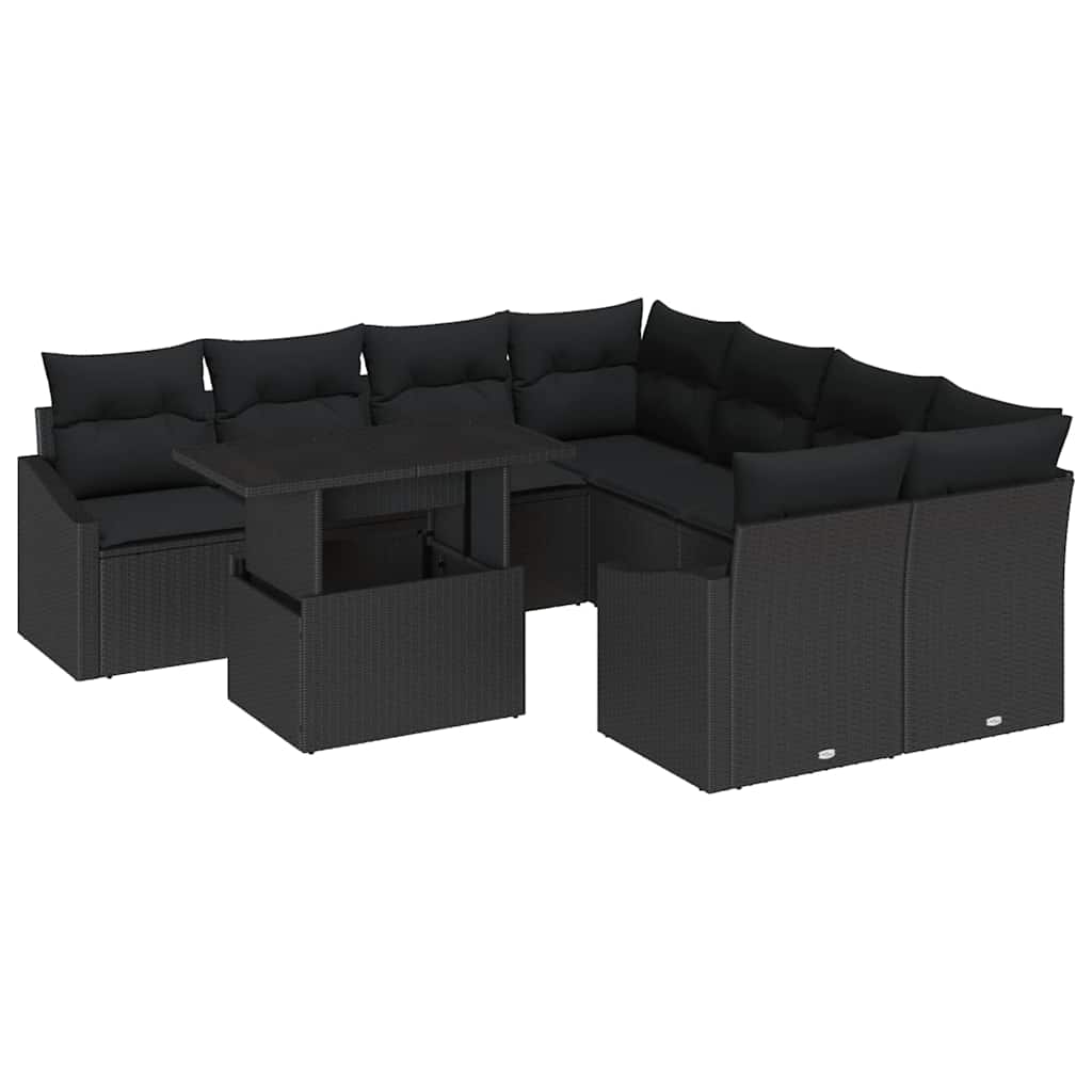 vidaXL Salon de jardin avec coussins 9 pcs Résine tressée noir