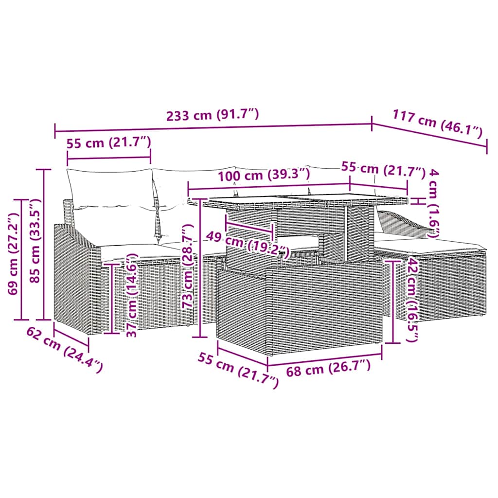 Garten-Sofa-Set mit Kissen 6 pcs Braun und Creme