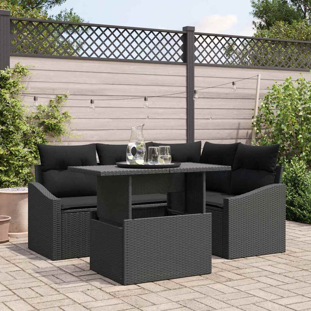 Gartensofa-set mit Kissen 5 pcs Schwarz Poly-Rattan