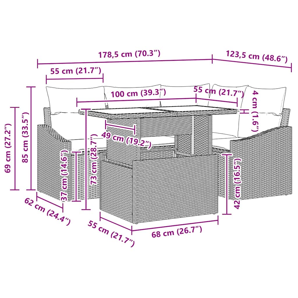 Gartensofa-set mit Kissen 5 pcs Schwarz Poly-Rattan