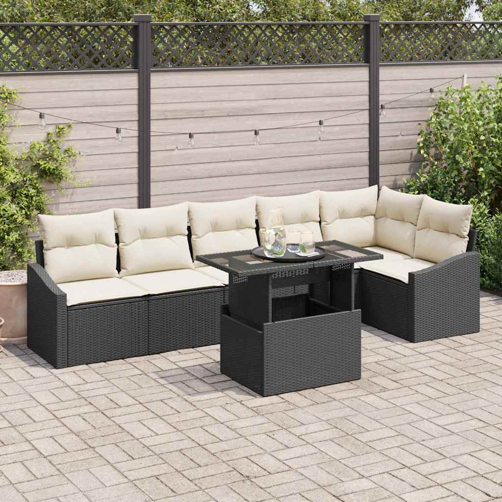 Garten-Sofa-Set mit Kissen mit Speicher 7 pcs Schwarz und Creme