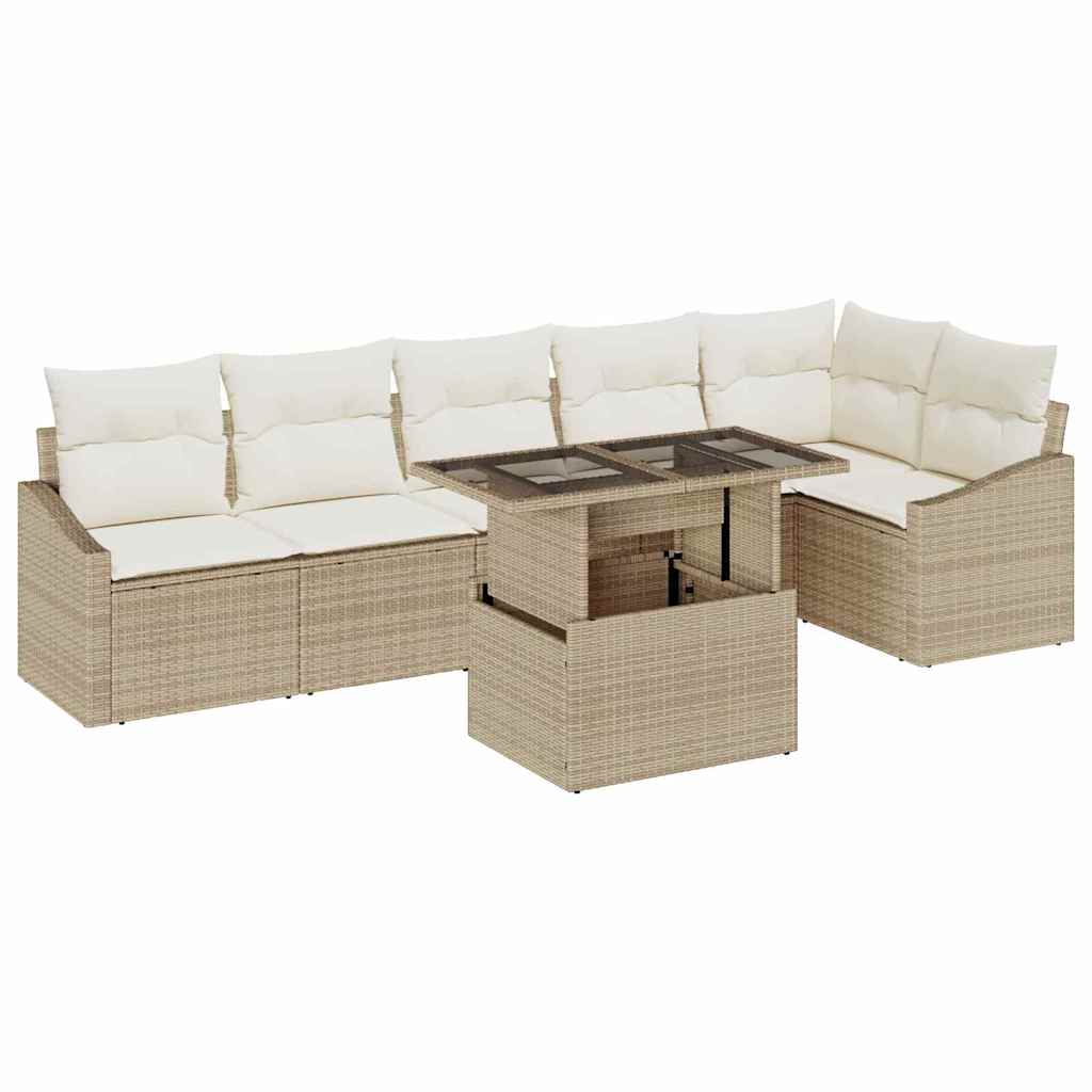 Gartensofa-set mit Kissen 7 pcs Beige und Creme Poly-Rattan