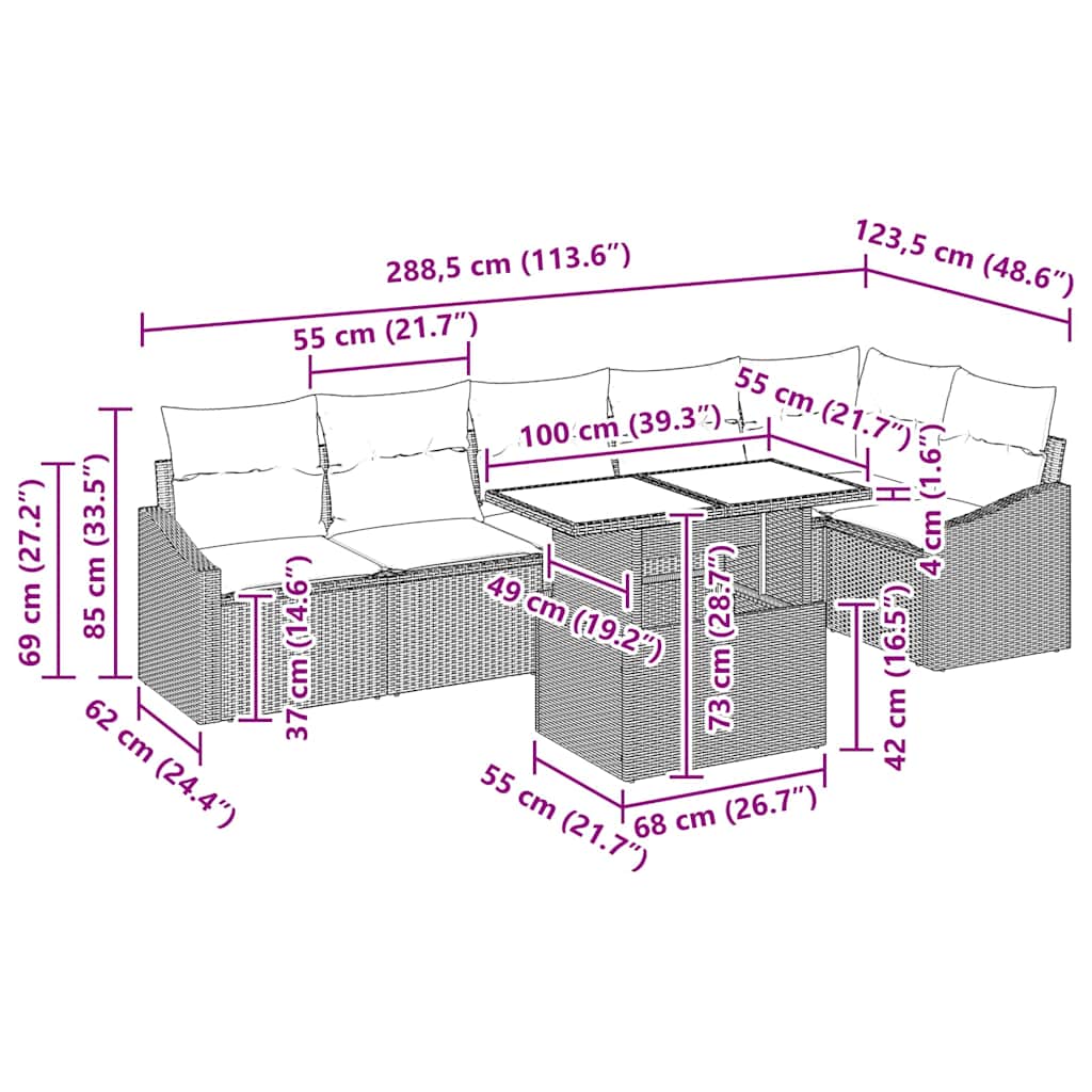 Gartensofa-set mit Kissen 7 pcs Beige und Creme Poly-Rattan