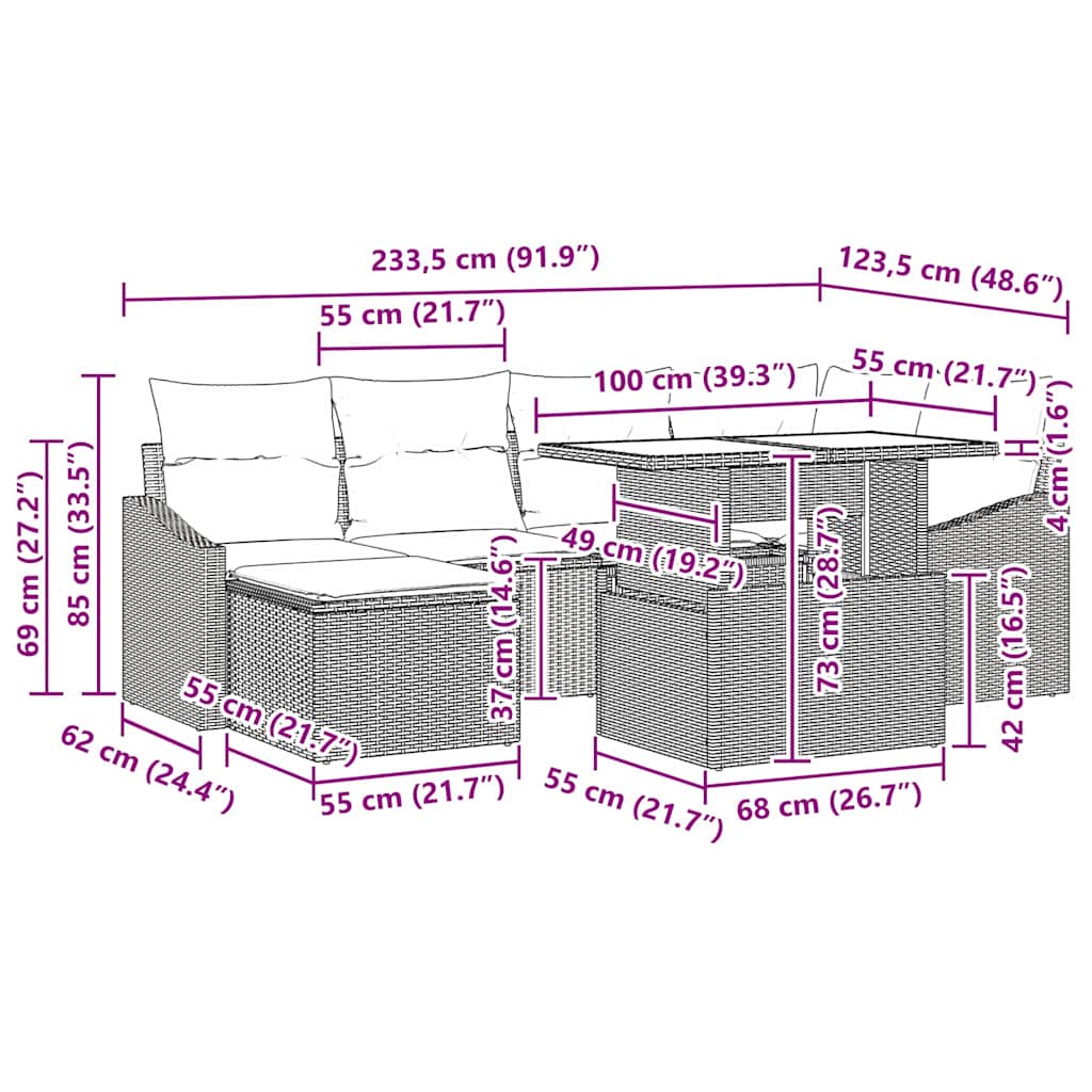 vidaXL Garten-Sofa-Set mit Kissen 7 pcs Schwarz und Creme