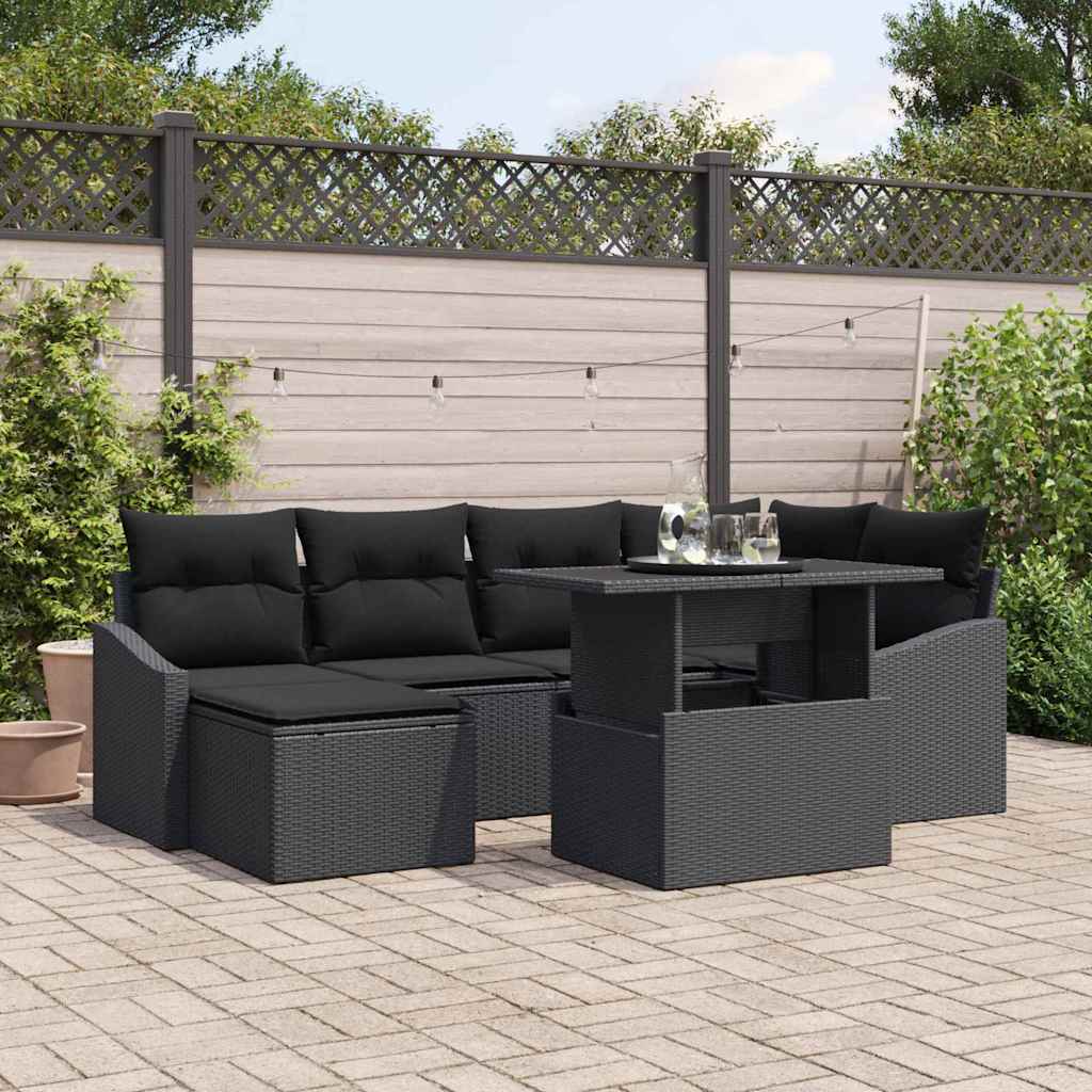Garten-Sofa-Set mit Kissen 7 pcs Schwarz