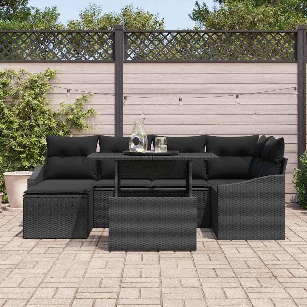Garten-Sofa-Set mit Kissen 7 pcs Schwarz