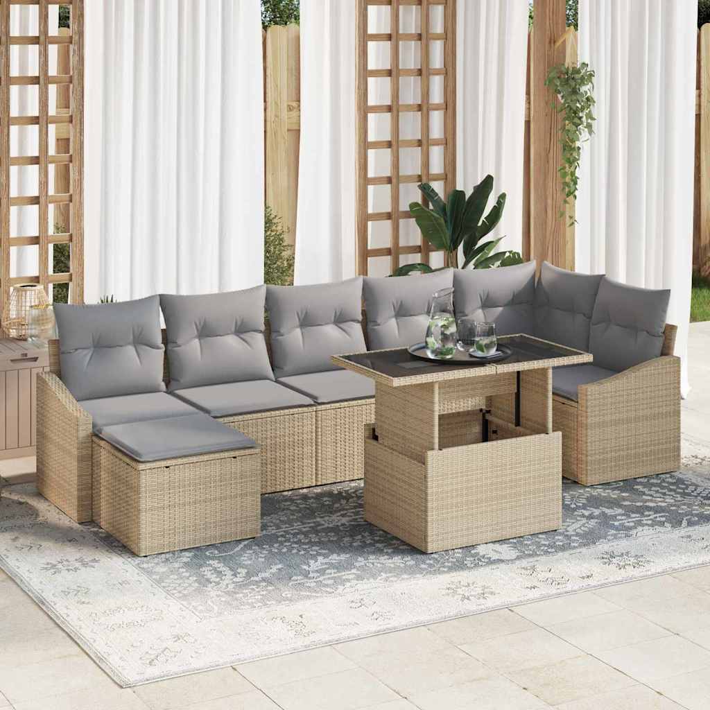 Gartensofa-set mit Kissen 8 pcs Beige und Hellgrau Poly-Rattan