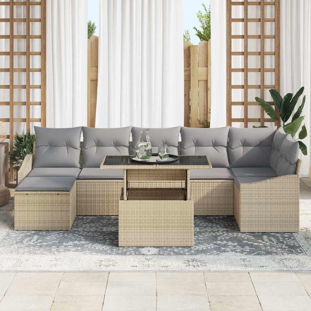 Gartensofa-set mit Kissen 8 pcs Beige und Hellgrau Poly-Rattan