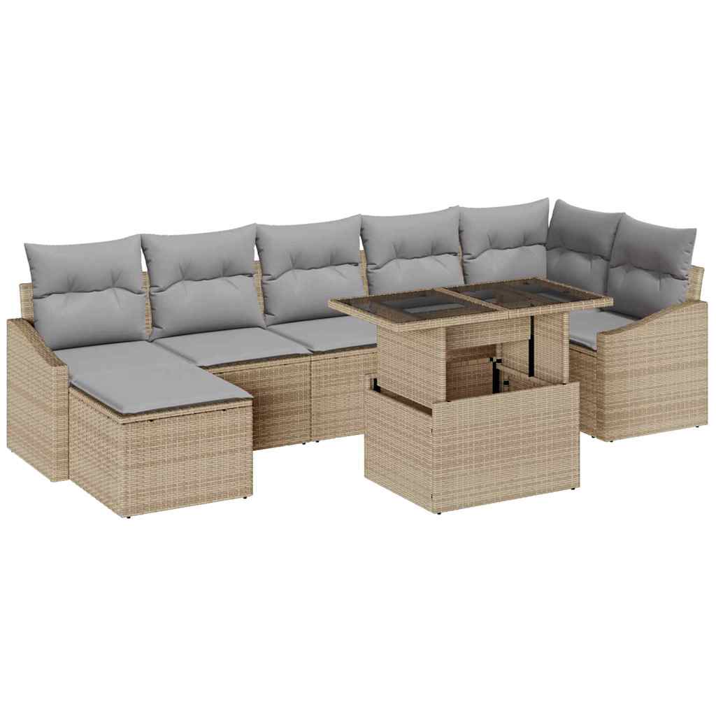 Gartensofa-set mit Kissen 8 pcs Beige und Hellgrau Poly-Rattan