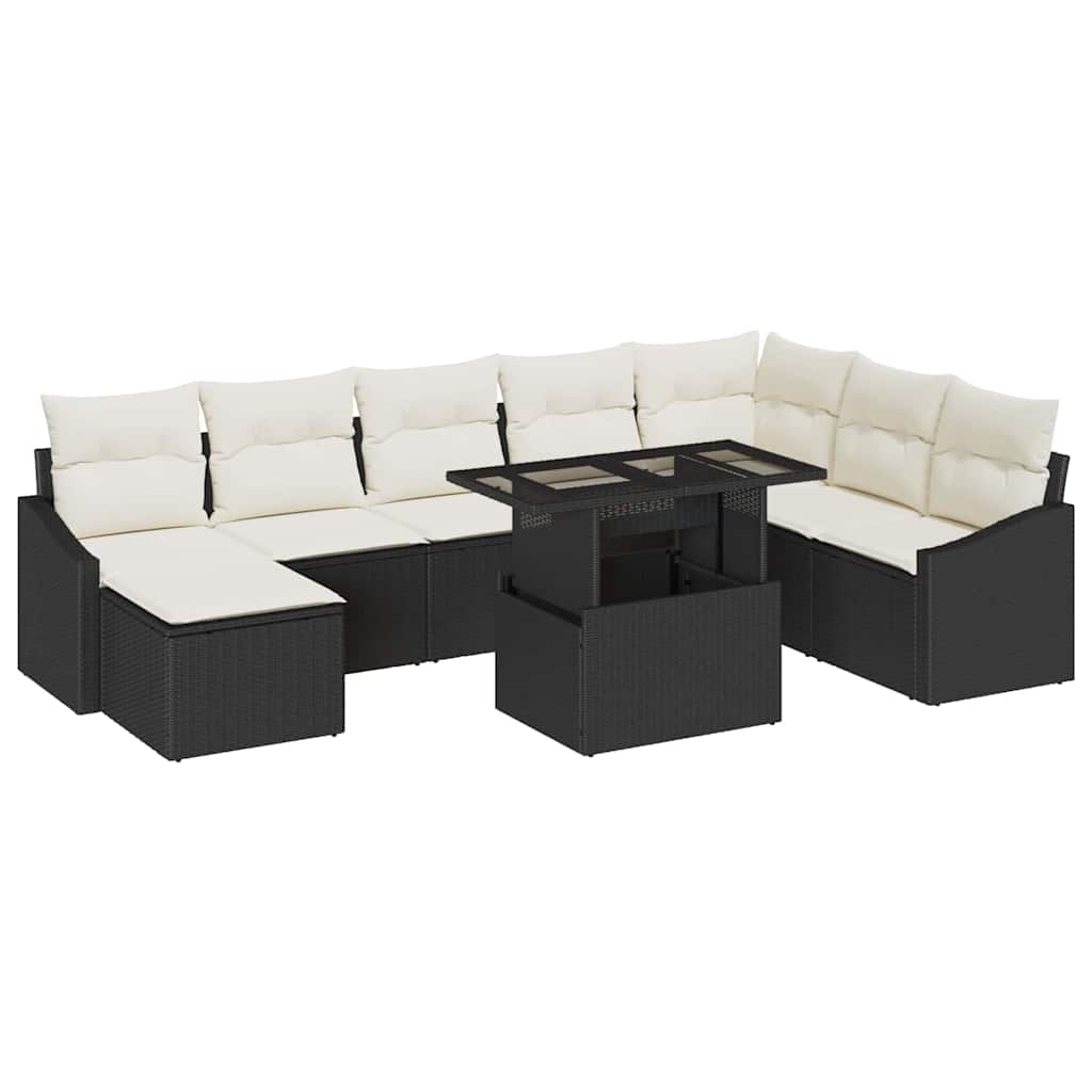 Sofa Set mit Kissen 9 pcs Schwarz und Creme Poly-Rattan