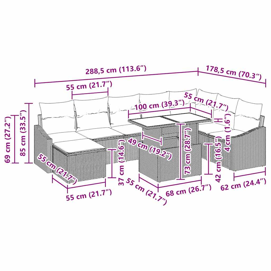 vidaXL Sofa Set mit Kissen 9 pcs Beige und Creme Poly-Rattan