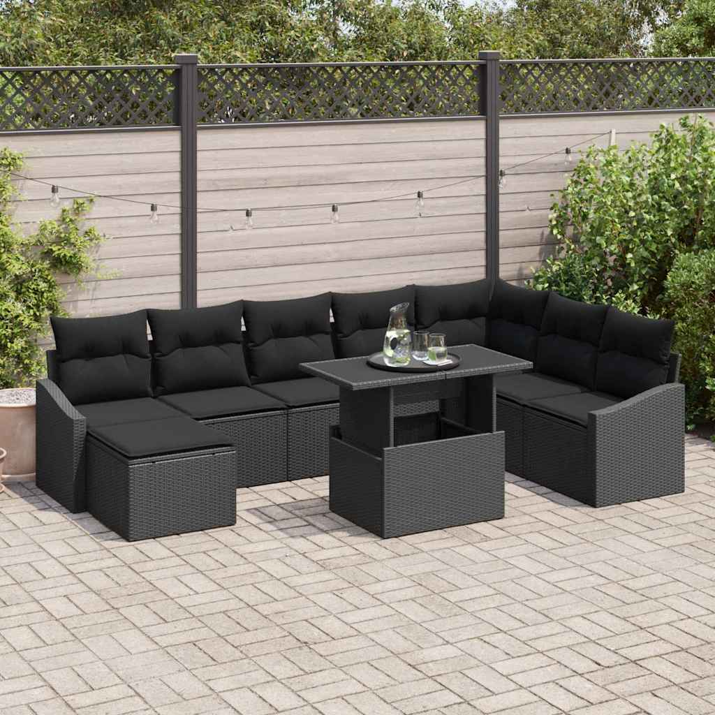 Sofa Set mit Kissen mit Speicher 9 pcs Schwarz Poly-Rattan