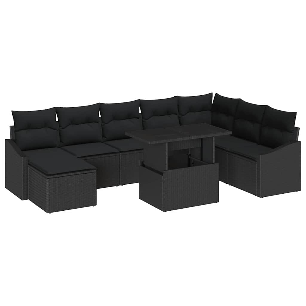 Sofa Set mit Kissen mit Speicher 9 pcs Schwarz Poly-Rattan