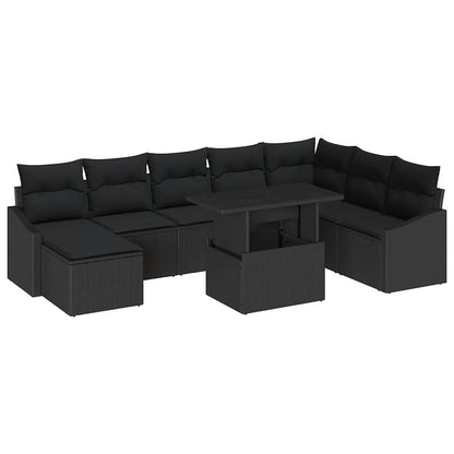 Sofa Set mit Kissen mit Speicher 9 pcs Schwarz Poly-Rattan