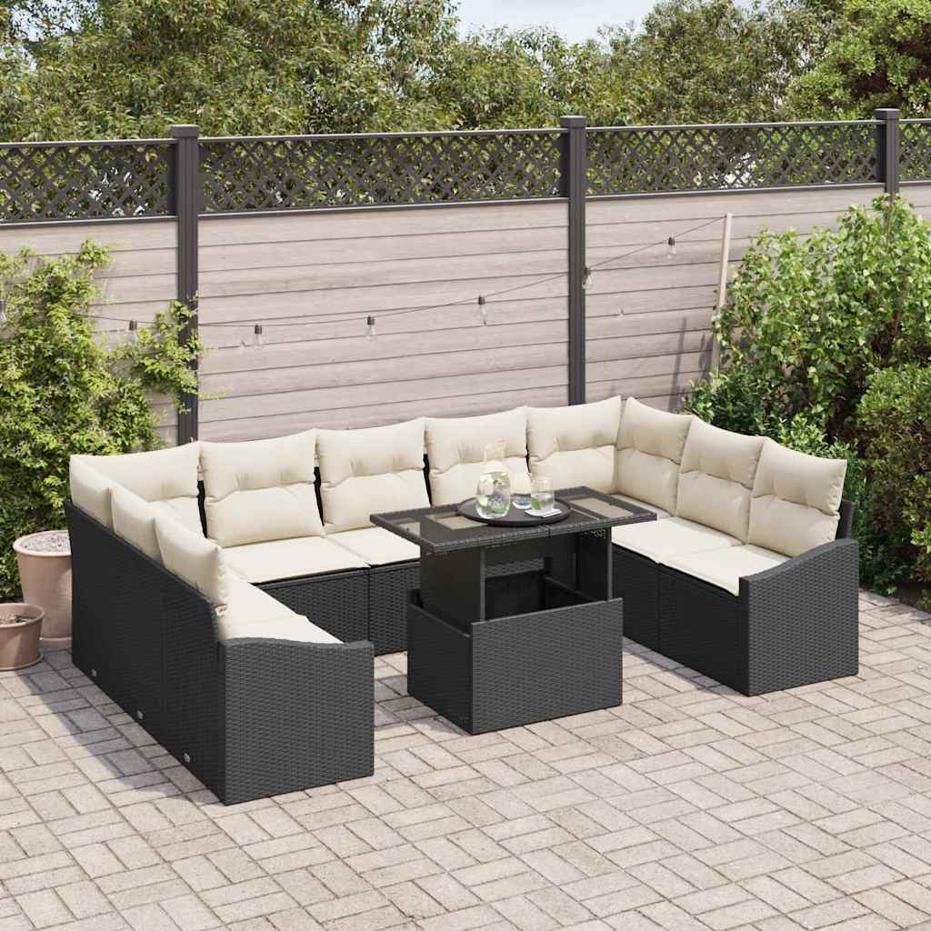 vidaXL Sofa Set mit Kissen 10 pcs Schwarz und Creme Poly-Rattan