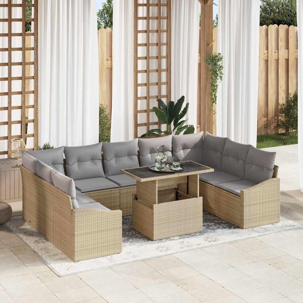 Sofa Set mit Kissen 10 pcs Beige und Hellgrau Poly-Rattan