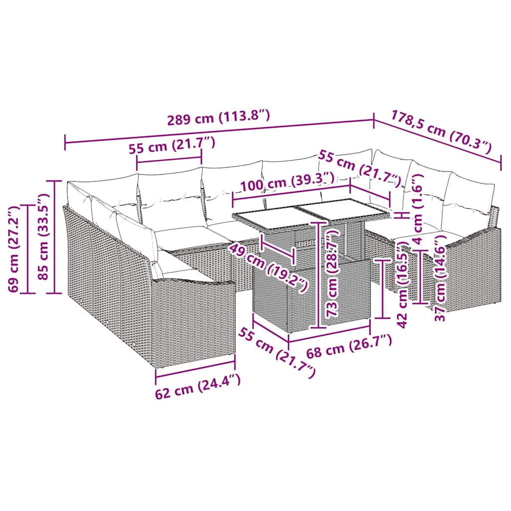Sofa Set mit Kissen 10 pcs Beige und Hellgrau Poly-Rattan