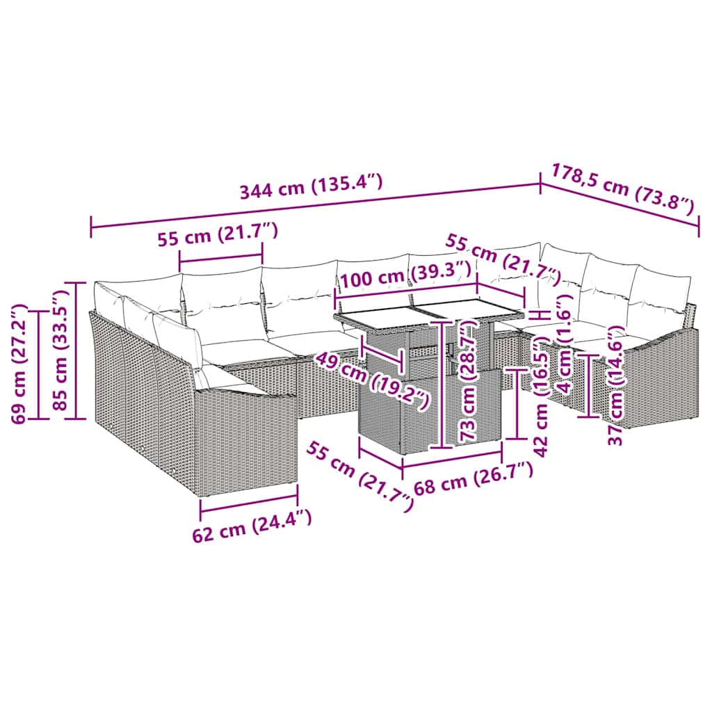 vidaXL Sofa Set mit Kissen 11 pcs Braun und Creme Poly-Rattan