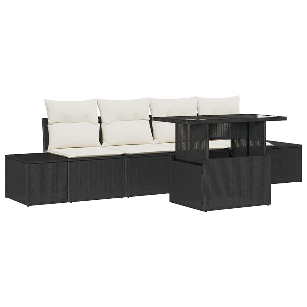Sofa Set mit Kissen 5 pcs Schwarz und Creme Poly-Rattan