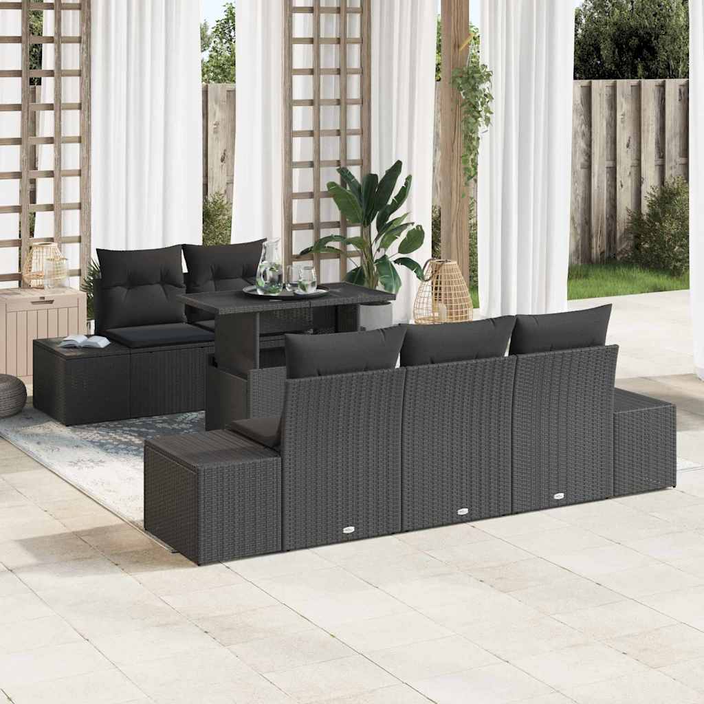 Sofa Set mit Kissen 6 pcs Schwarz Poly-Rattan