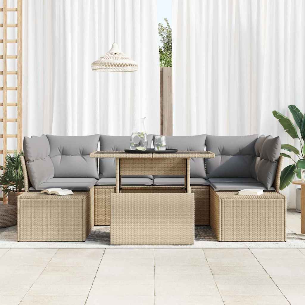 vidaXL Sofa Set mit Kissen 7 pcs Beige und Hellgrau Poly-Rattan