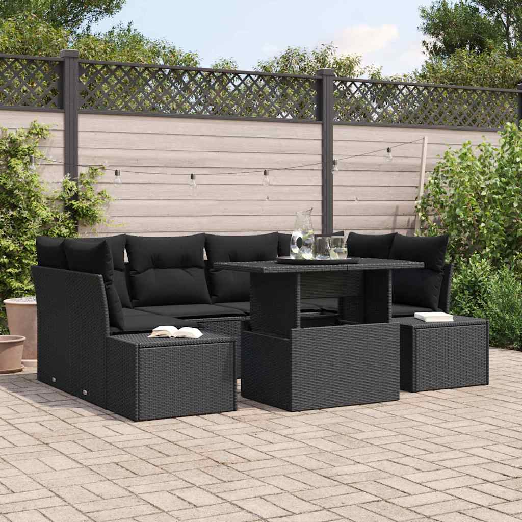 Sofa Set mit Kissen 7 pcs Schwarz Poly-Rattan