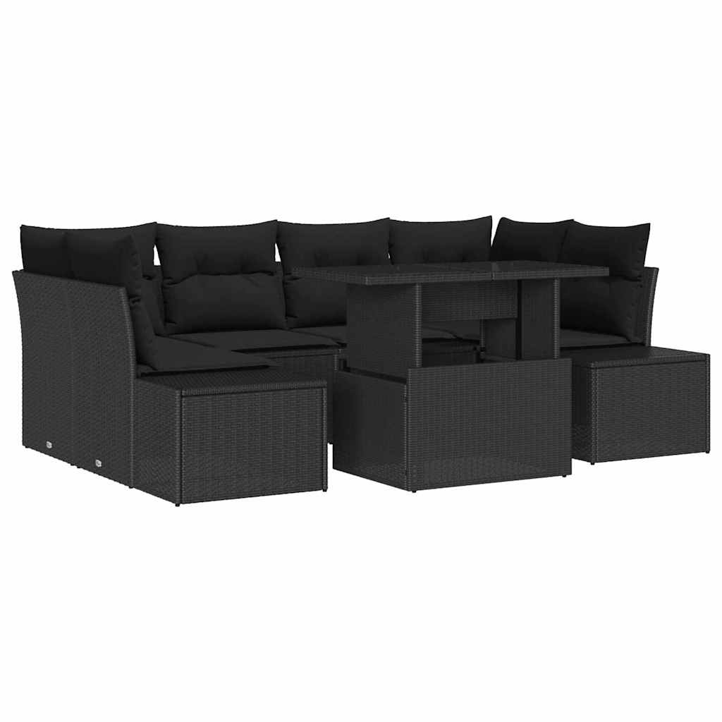 Sofa Set mit Kissen 7 pcs Schwarz Poly-Rattan