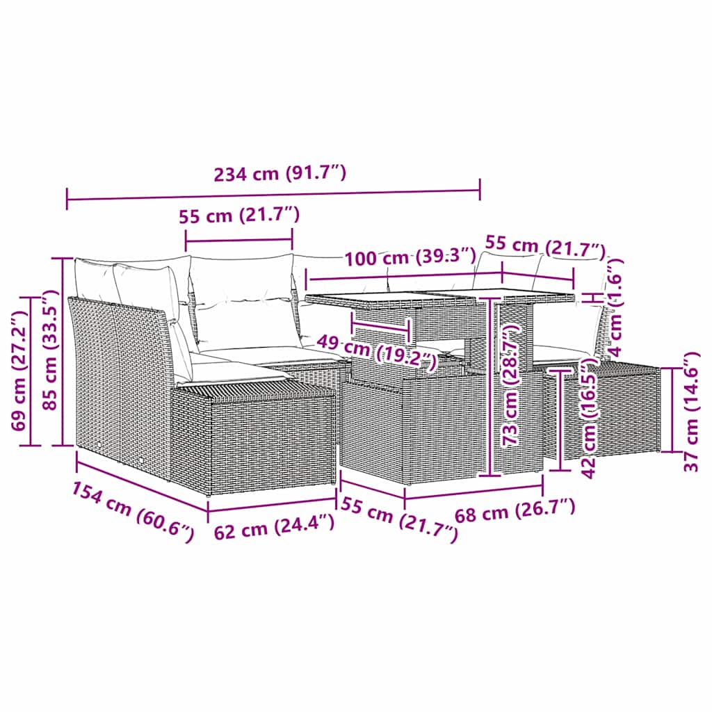 Sofa Set mit Kissen 7 pcs Schwarz Poly-Rattan