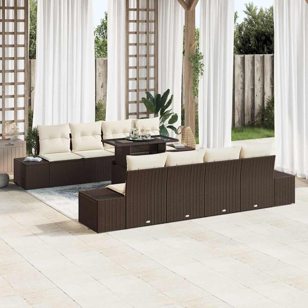 Gartensofa-set mit Kissen 9 pcs Braun und Creme Poly-Rattan