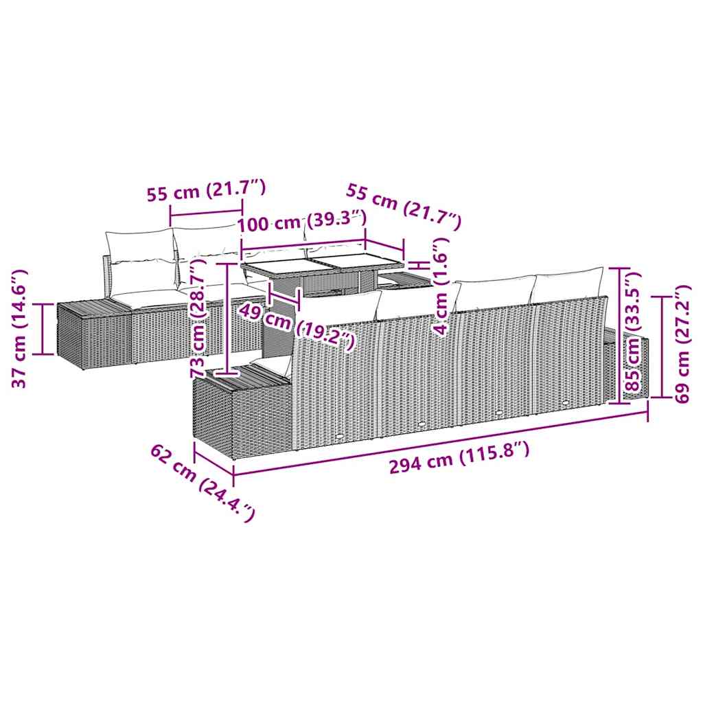 Gartensofa-set mit Kissen 9 pcs Braun und Creme Poly-Rattan