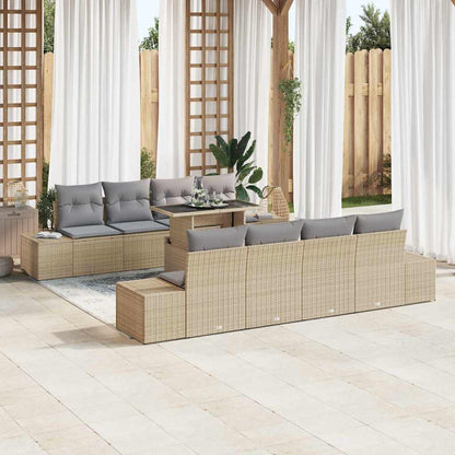 Gartensofa-set mit Kissen 9 pcs Beige und Hellgrau Poly-Rattan
