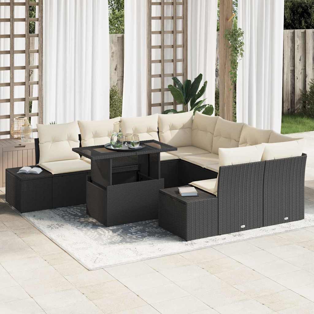 vidaXL Gartensofa-set mit Kissen 9 pcs Schwarz und Creme Poly-Rattan