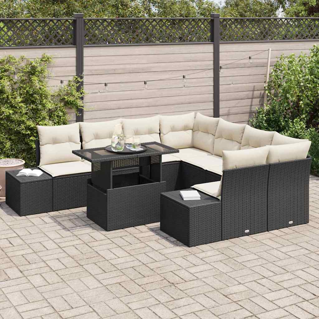 vidaXL Gartensofa-set mit Kissen 9 pcs Schwarz und Creme Poly-Rattan