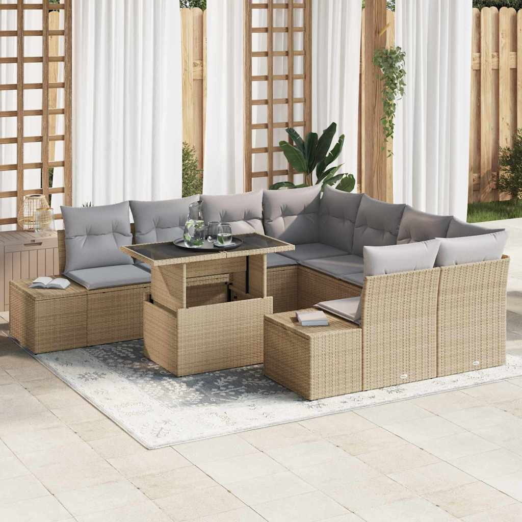 Gartensofa-set mit Kissen 9 pcs Beige und Hellgrau Poly-Rattan