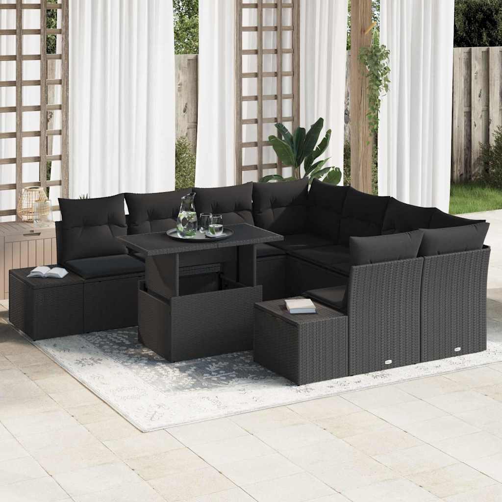 Gartensofa-set mit Kissen 9 pcs Schwarz Poly-Rattan