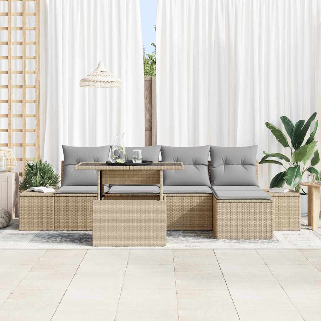 Gartensofa-set mit Kissen 6 pcs Beige und Hellgrau Poly-Rattan