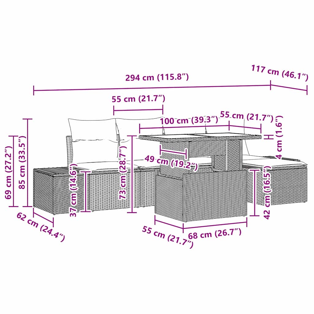 Gartensofa-set mit Kissen 6 pcs Beige und Creme Poly-Rattan