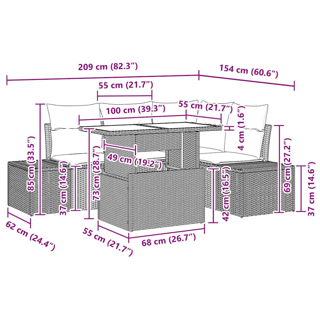 Gartensofa-set mit Kissen 5 pcs Grau Poly-Rattan
