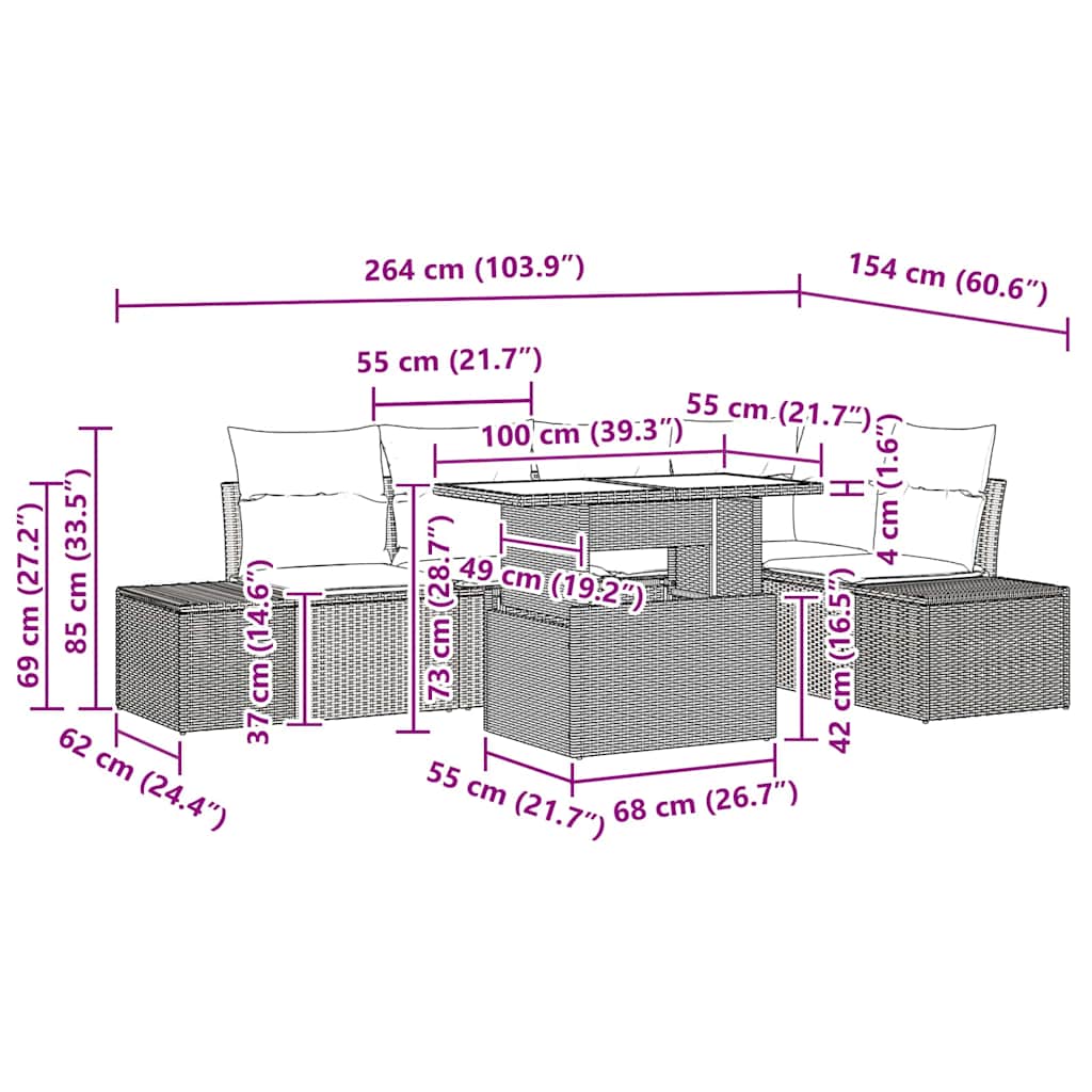 Garten-Sofa-Set mit Kissen 6 pcs Schwarz Poly Rattan