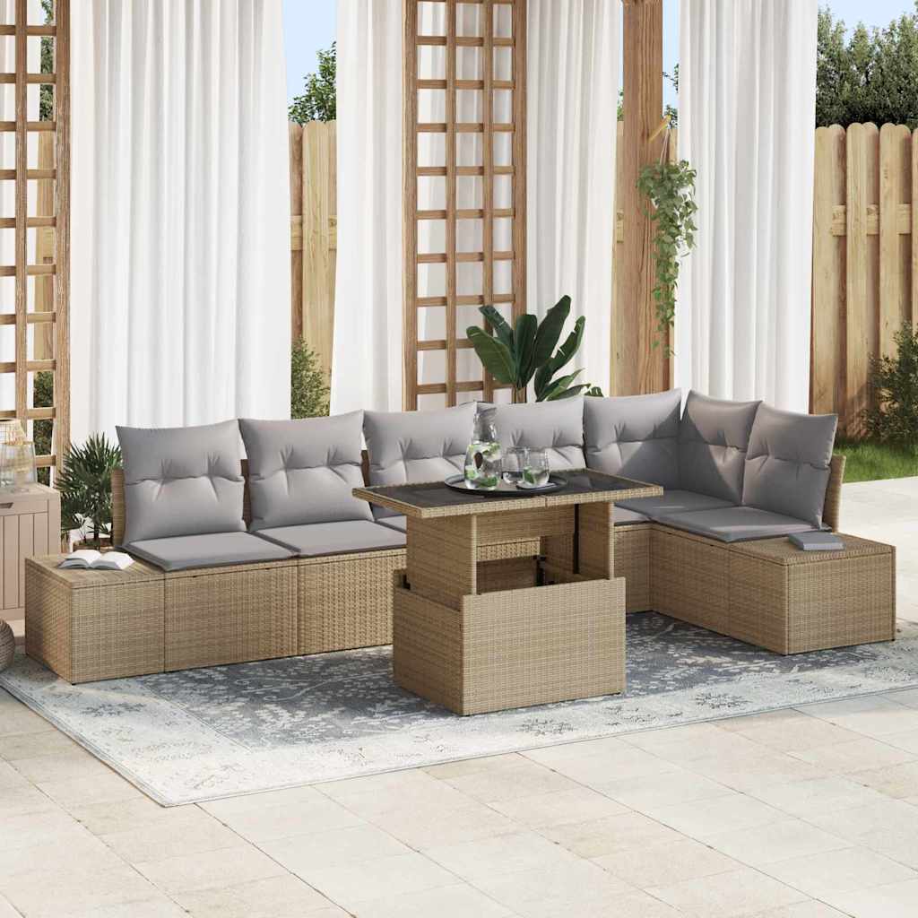 Gartensofa-set mit Kissen 7 pcs Beige und Hellgrau Poly-Rattan