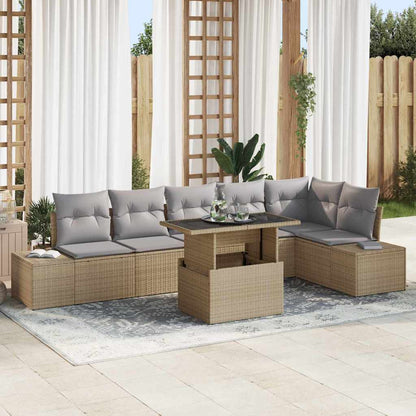 Gartensofa-set mit Kissen 7 pcs Beige und Hellgrau Poly-Rattan