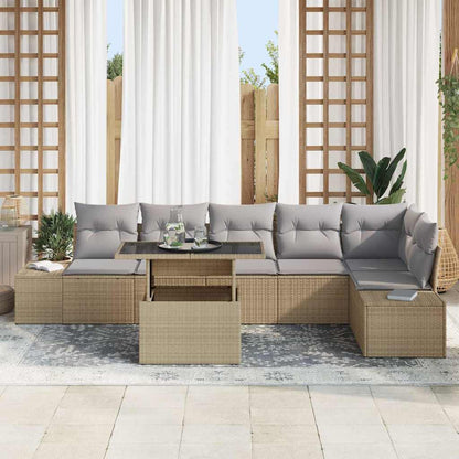 Gartensofa-set mit Kissen 7 pcs Beige und Hellgrau Poly-Rattan