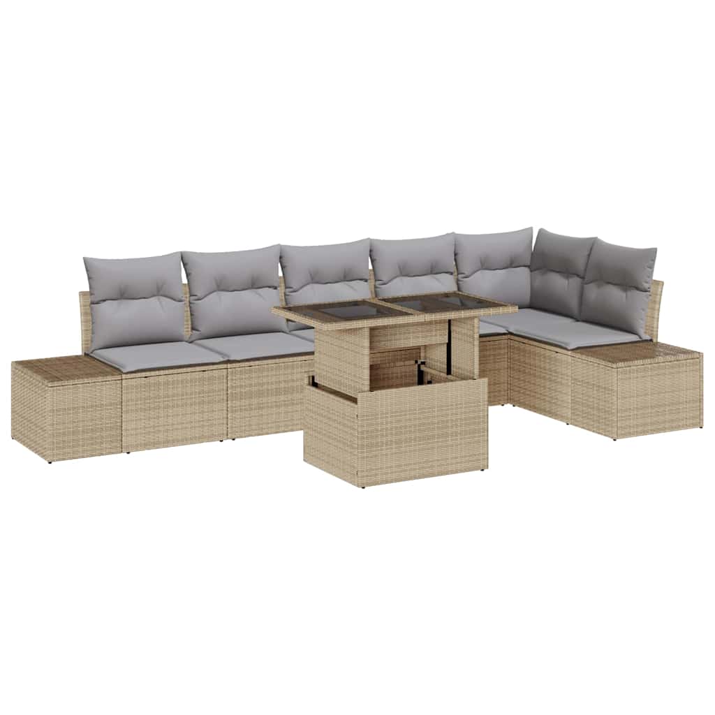 Gartensofa-set mit Kissen 7 pcs Beige und Hellgrau Poly-Rattan