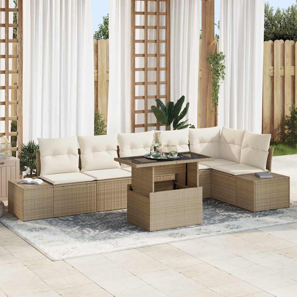 Gartensofa-set mit Kissen 7 pcs Beige und Creme Poly-Rattan