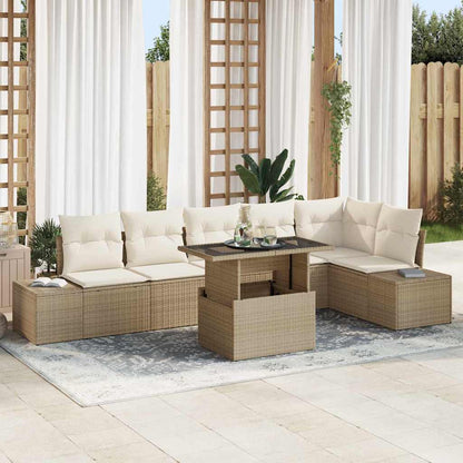 Gartensofa-set mit Kissen 7 pcs Beige und Creme Poly-Rattan
