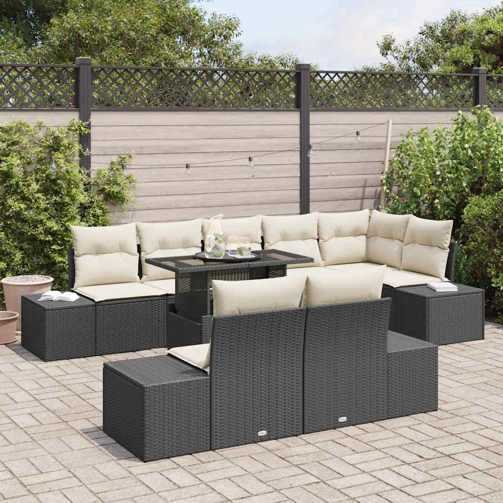Garten-Sofa-Set mit Kissen mit Speicher 9 pcs Schwarz und Creme