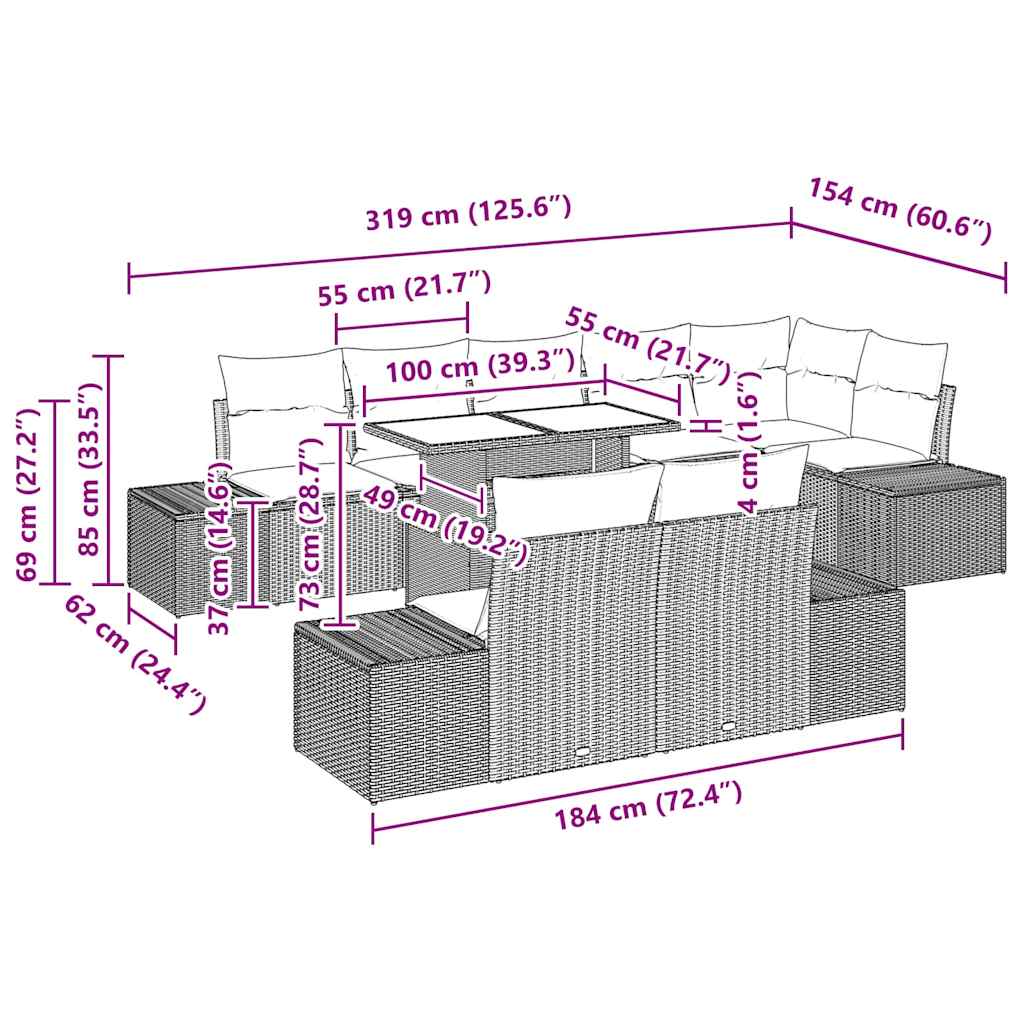 vidaXL Gartensofa-set mit Kissen 9 pcs Braun und Creme Poly-Rattan